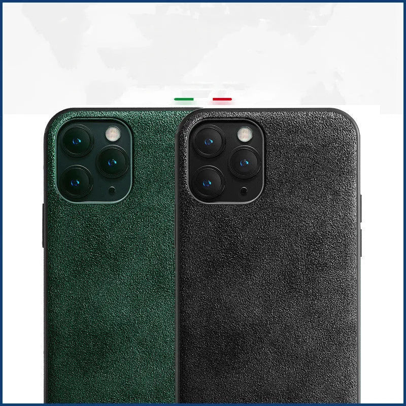 Luxury suede full-cover phone case for iPhone on a dark background, shown in elegant black colour.