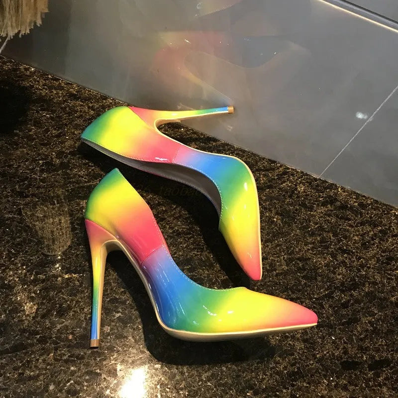 Rainbow patent leather ultra-high heel stiletto pumps with pointed toe