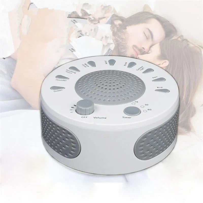 White noise sleep machine with volume knob and timer buttons showing compact portable design