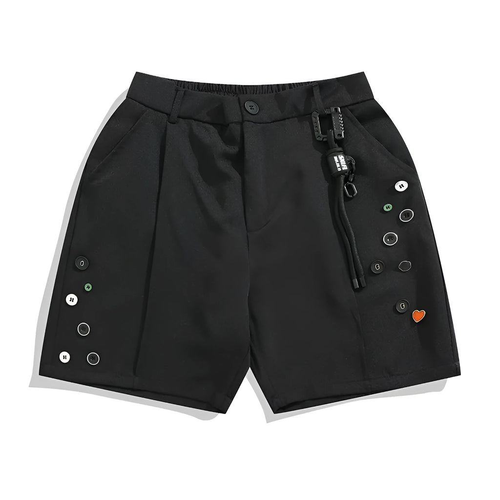 Men's black loose-fit semi-elastic casual shorts with button and zip fly, shown above the knee.
