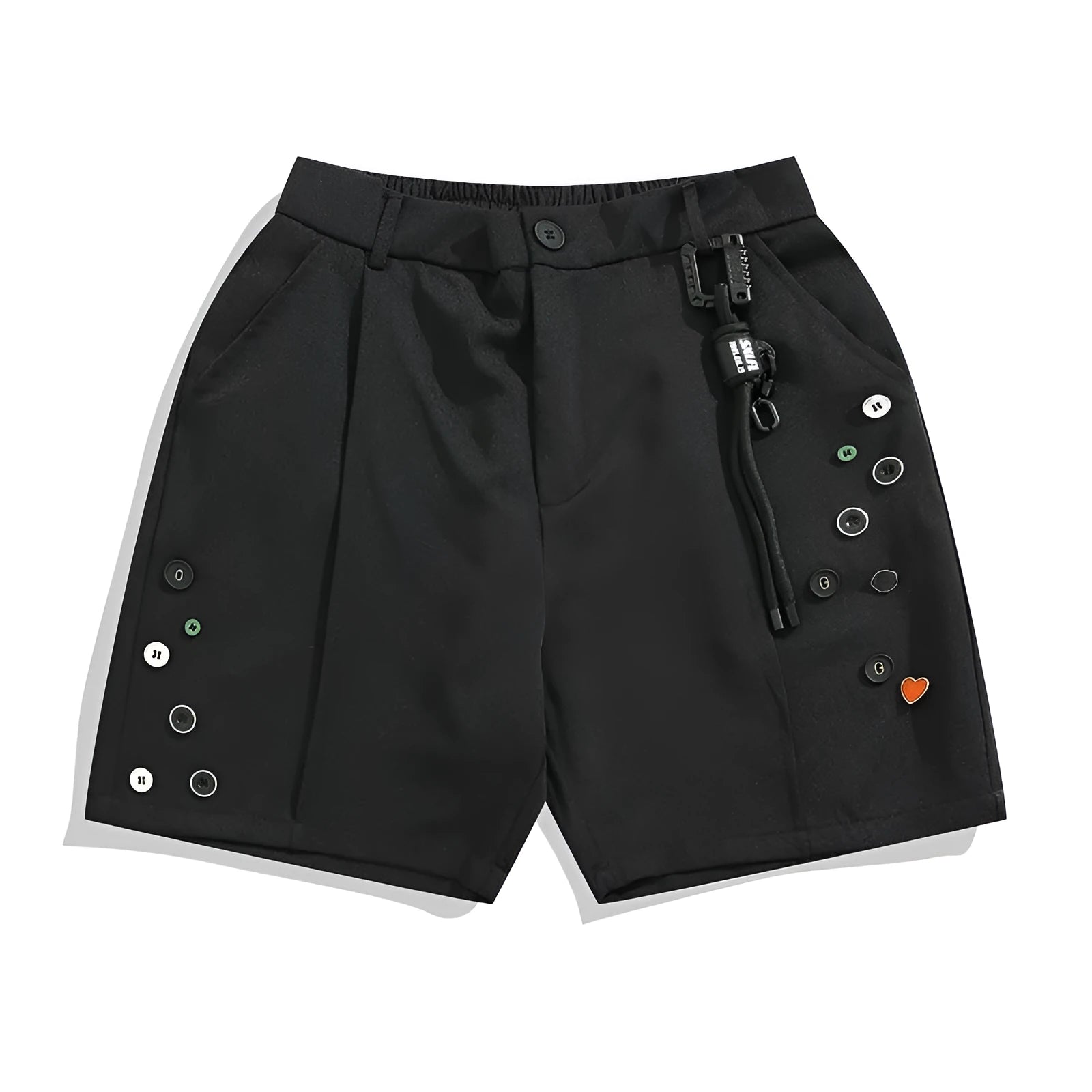 Men's black loose-fit semi-elastic casual shorts with button and zip fly, shown above the knee.
