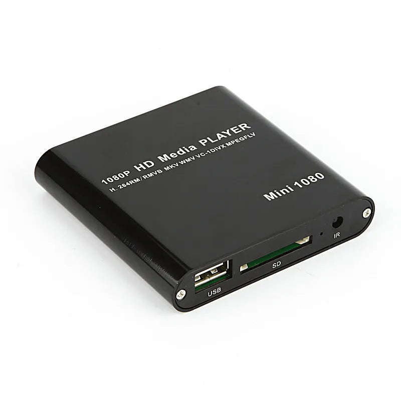Compact black 1080P media player with HDMI USB SD ports and metal casing
