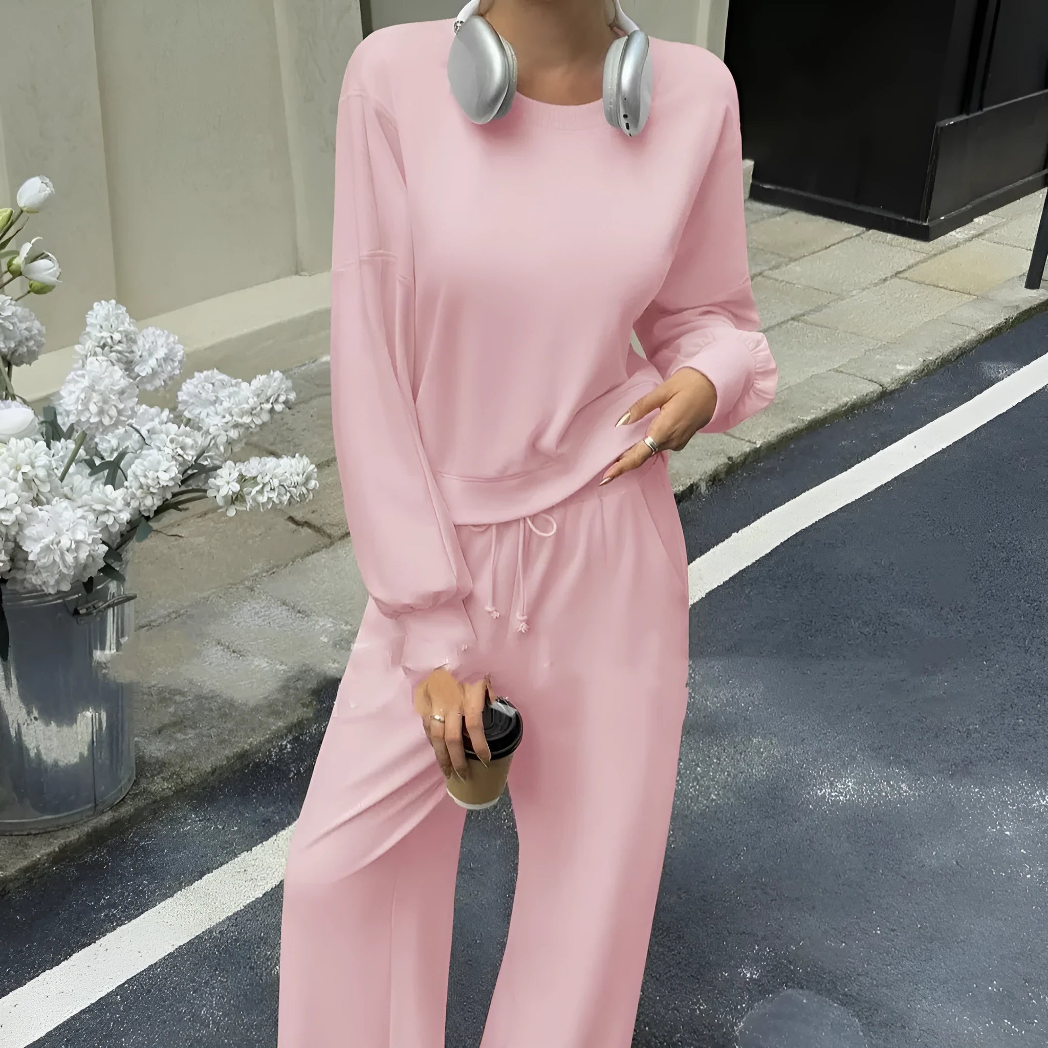 Women's solid colour two-piece trouser set with long-sleeved top and matching trousers in street hipster style