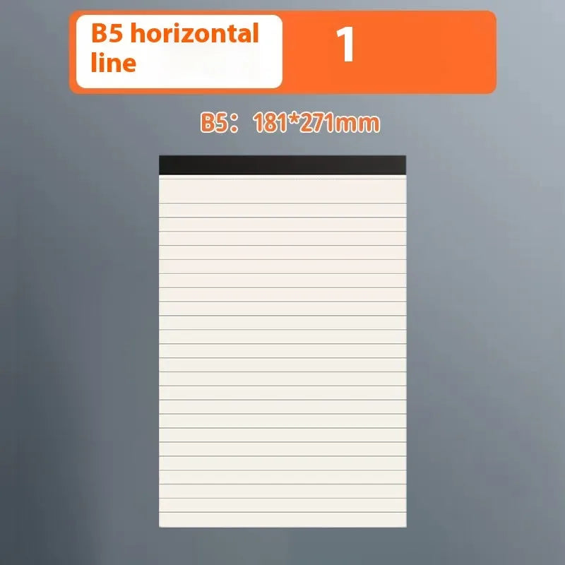 A5, B5 and A4 writing pads with blank, grid and horizontal line rulings showing tearable sheets
