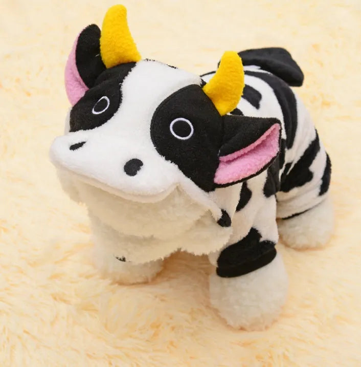White cow costume hooded pet coat for dogs and cats, sizes XS to XL, with length and bust measurements