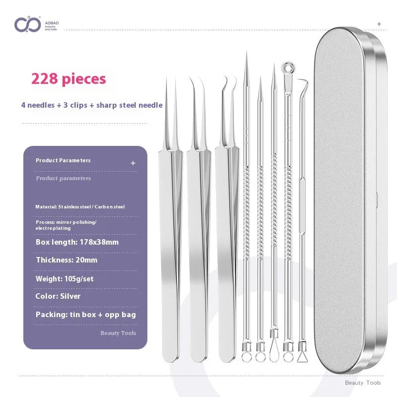 Four silver metal acne needles with fine pointed tips for blackhead removal.