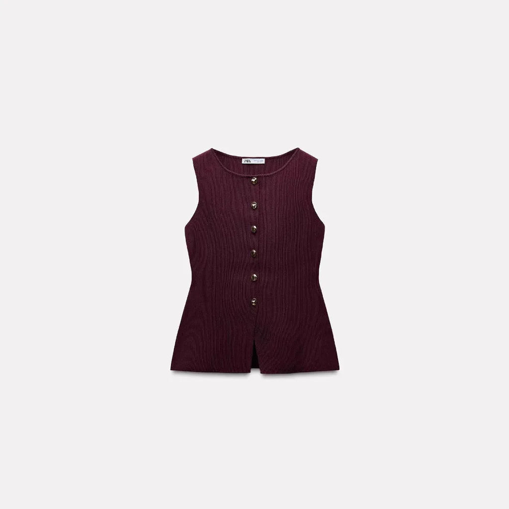 Dark red slim fit women's sweater vest with gold buttons and a 3D pattern texture.