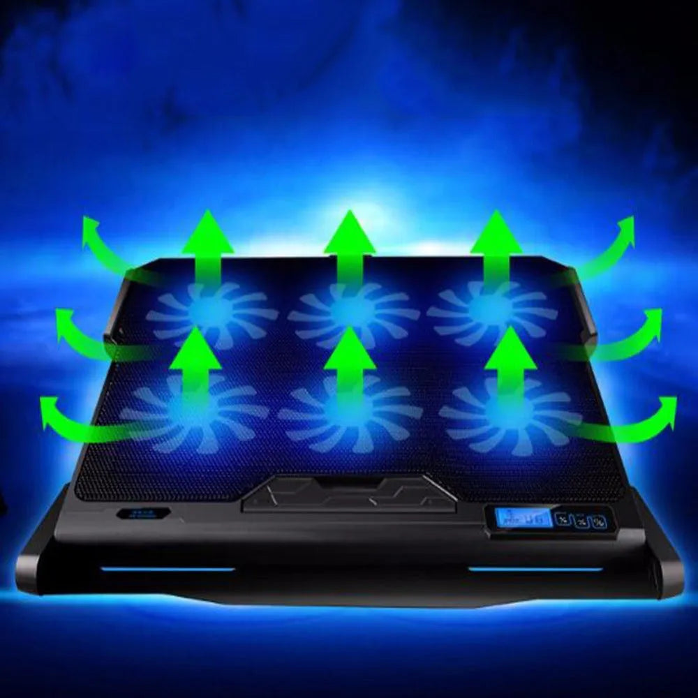 Laptop cooling board with metal mesh surface and LCD display showing fan speed settings