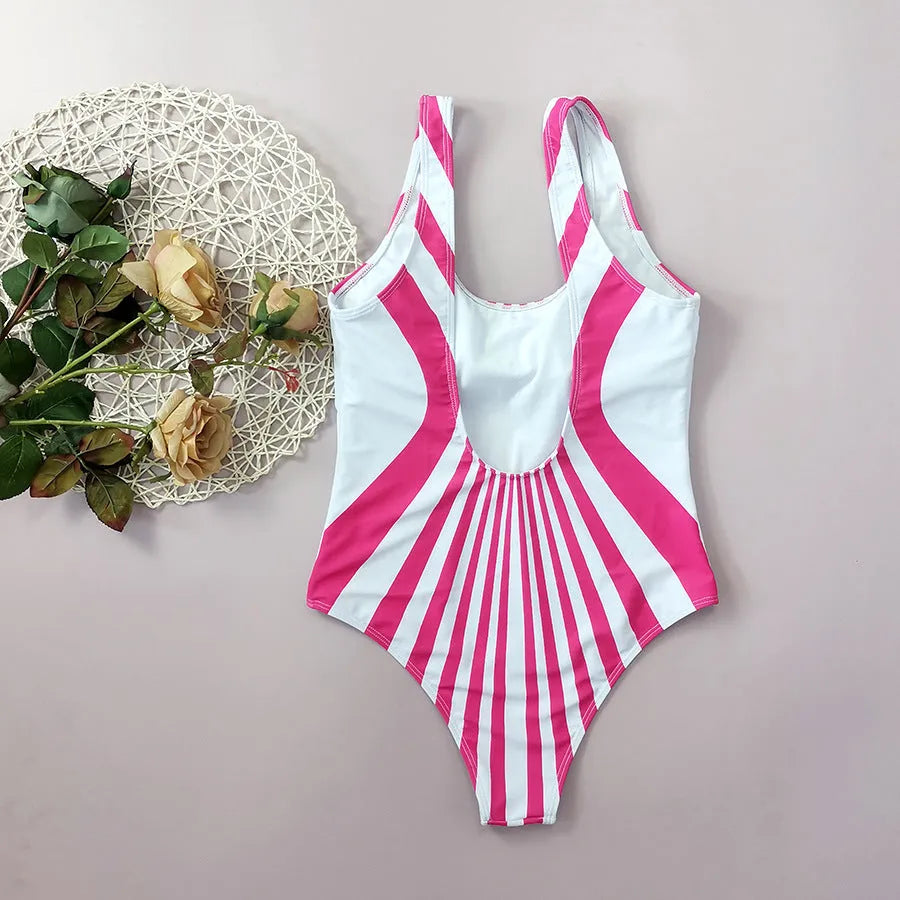 Pink striped women's one-piece swimsuit with digital printing on front and back.