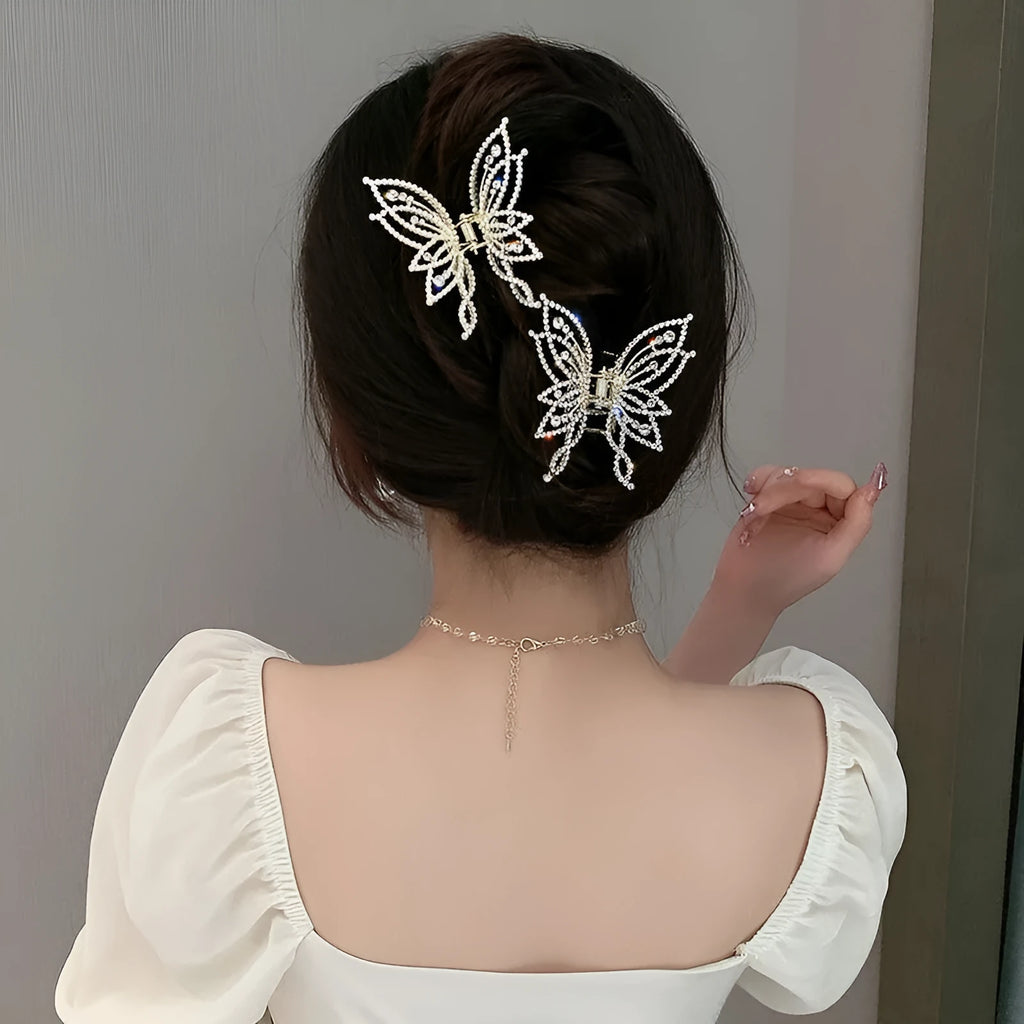 Butterfly hair barrettes for women in alloy with rhinestone or pearl decoration