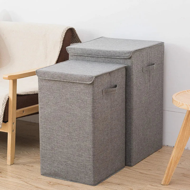 Foldable cotton-linen storage basket in grey colour showing three-dimensional construction