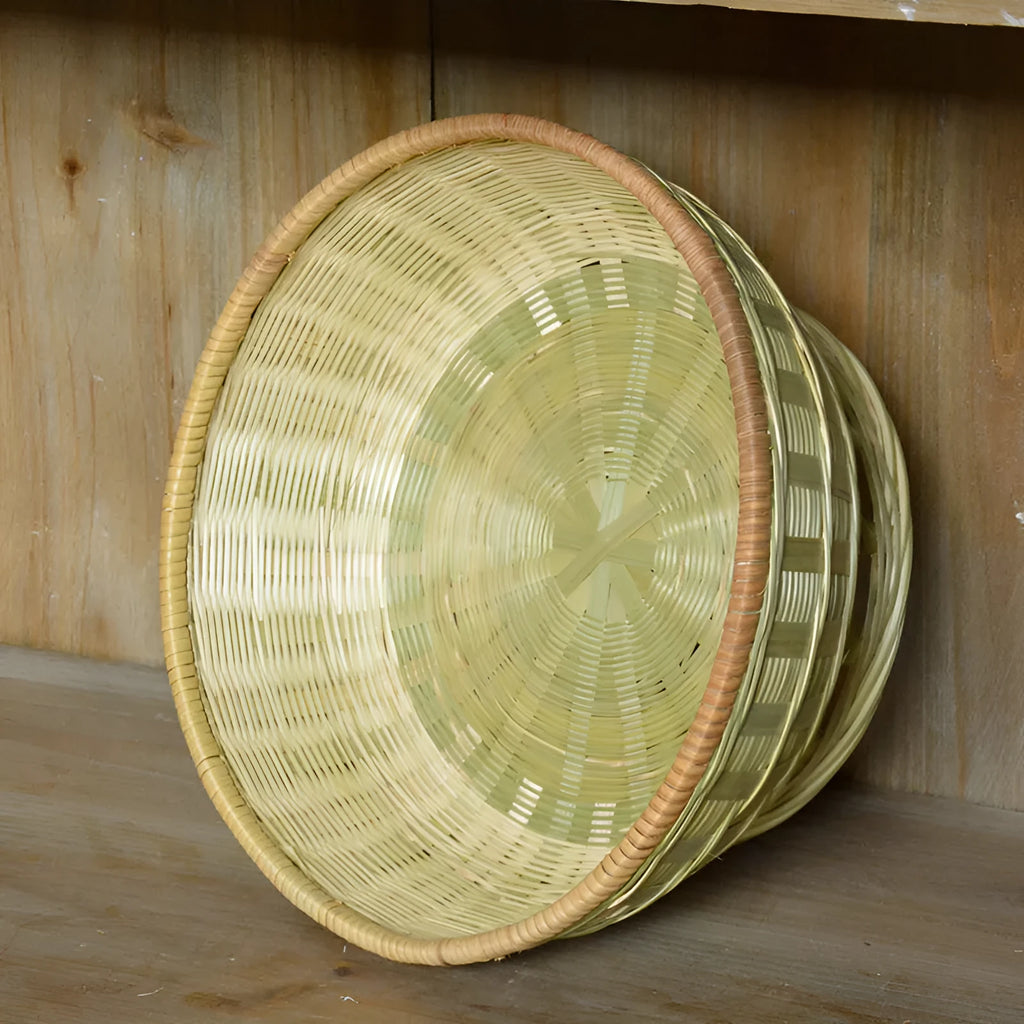 Handmade bamboo storage basket set showing three different sizes including deepening basket