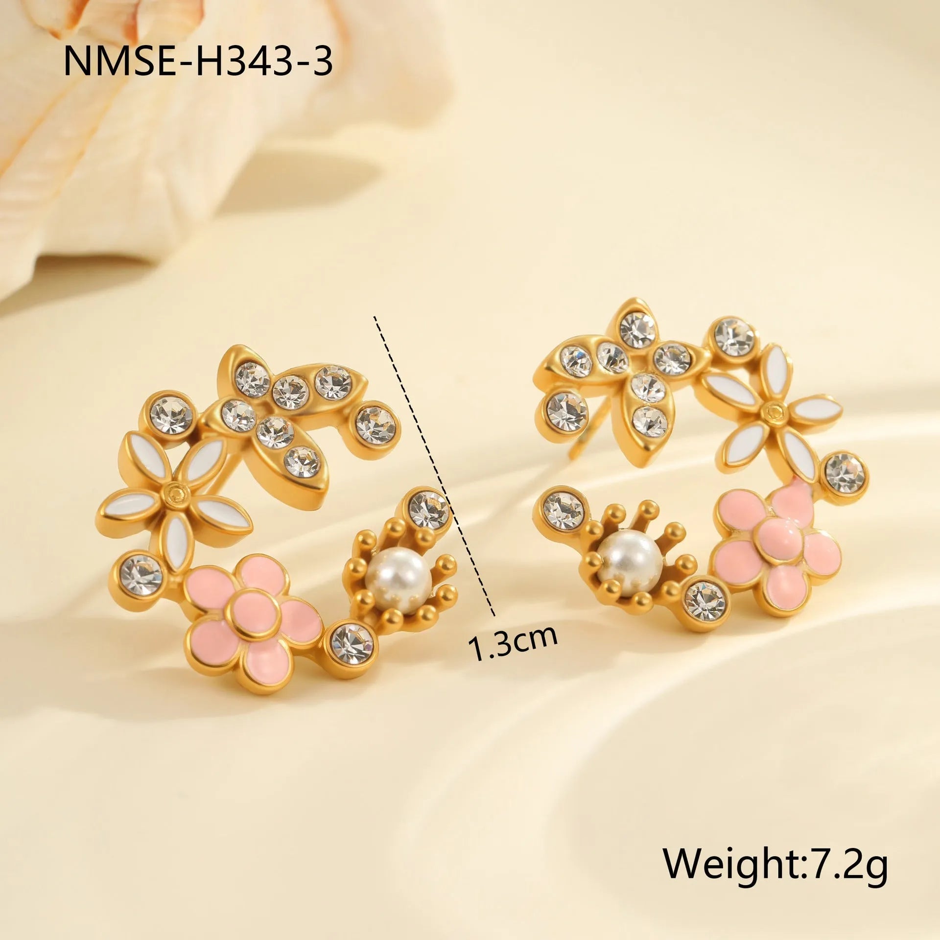 Flower stud earrings with colourful oil diamond petals on stainless steel with 18K gold electroplating