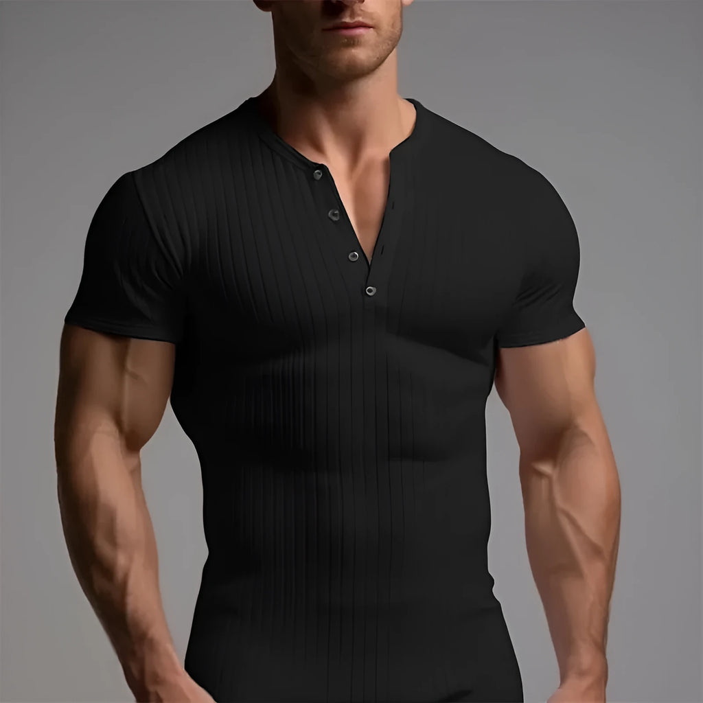 Men's slim-fitting muscle cut sports T-shirt in polyester, shown in army green colour.