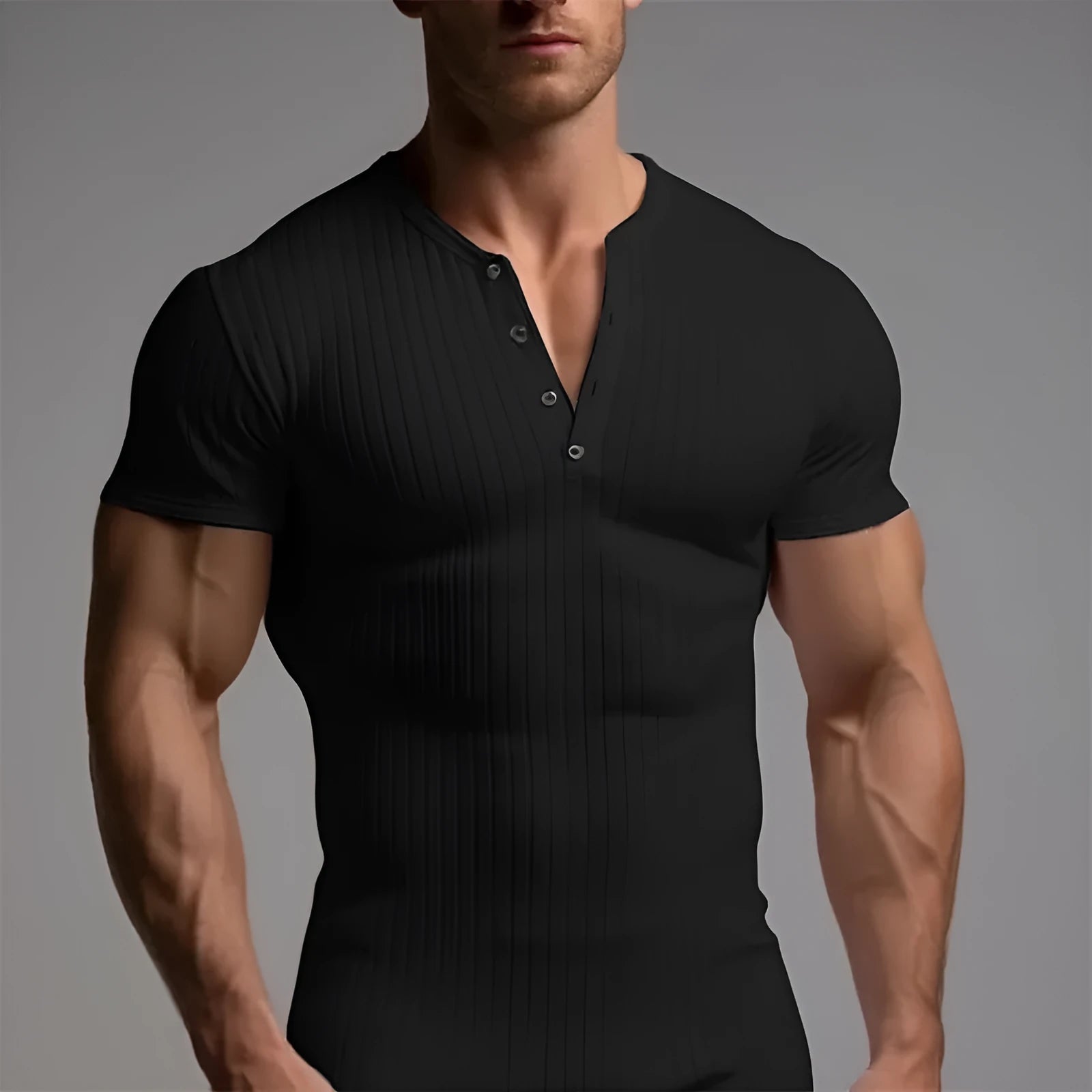 Men's slim-fitting muscle cut sports T-shirt in polyester, shown in army green colour.