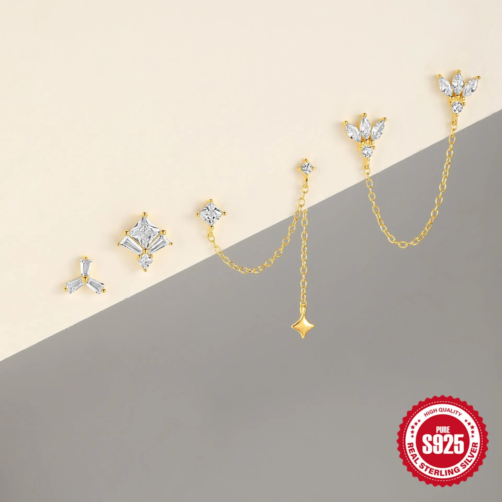 S925 Sterling Silver geometric earrings with zircon inlay for double piercings in golden colour