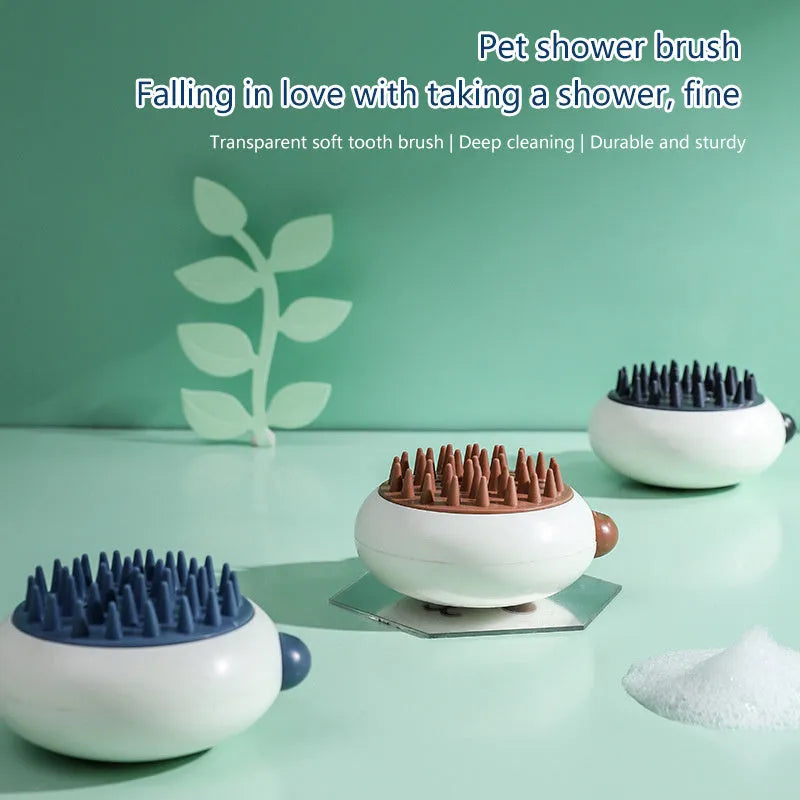 Panda-shaped silicone pet bath brush with soft bristles for cats and dogs in blue colour