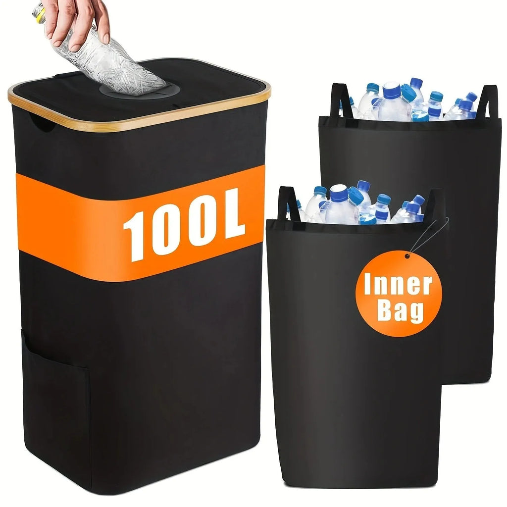 Black bamboo laundry basket with removable lid, ventilation holes, and two inner pockets.