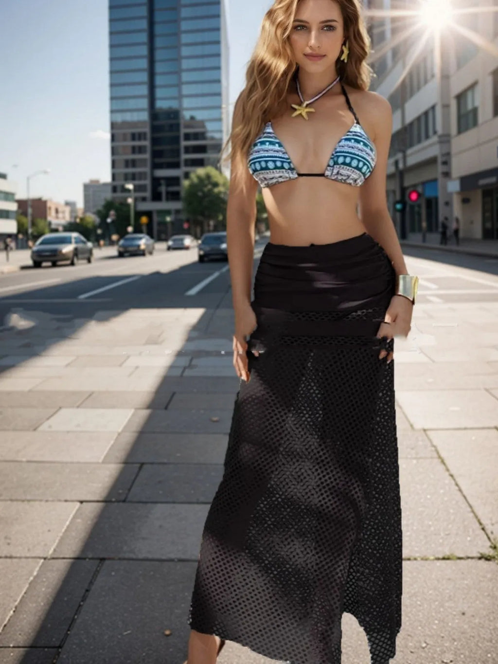 Women's brown bikini three-piece set with long fishnet skirt on a mannequin
