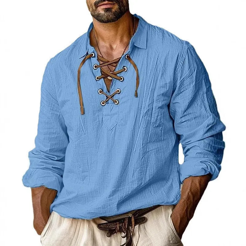 Men's loose fit long sleeve shirt in linen blend with lapels lace detail, shown in blue.