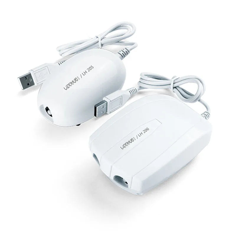 White aquarium air pump mini compressor with steel clip and rubber shockproofing, models LH205 and LH206.