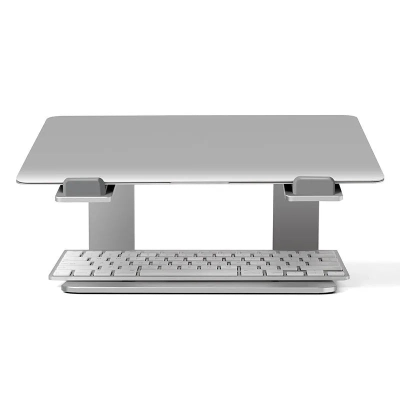 Black aluminium alloy laptop stand on desk elevating computer for ergonomic use