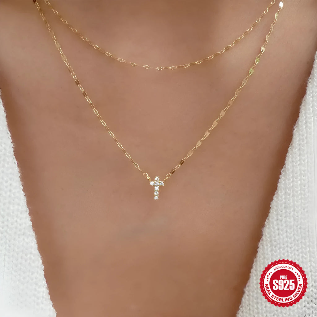 S925 sterling silver double layer twin diamond cross pendant necklace with clavicle chain