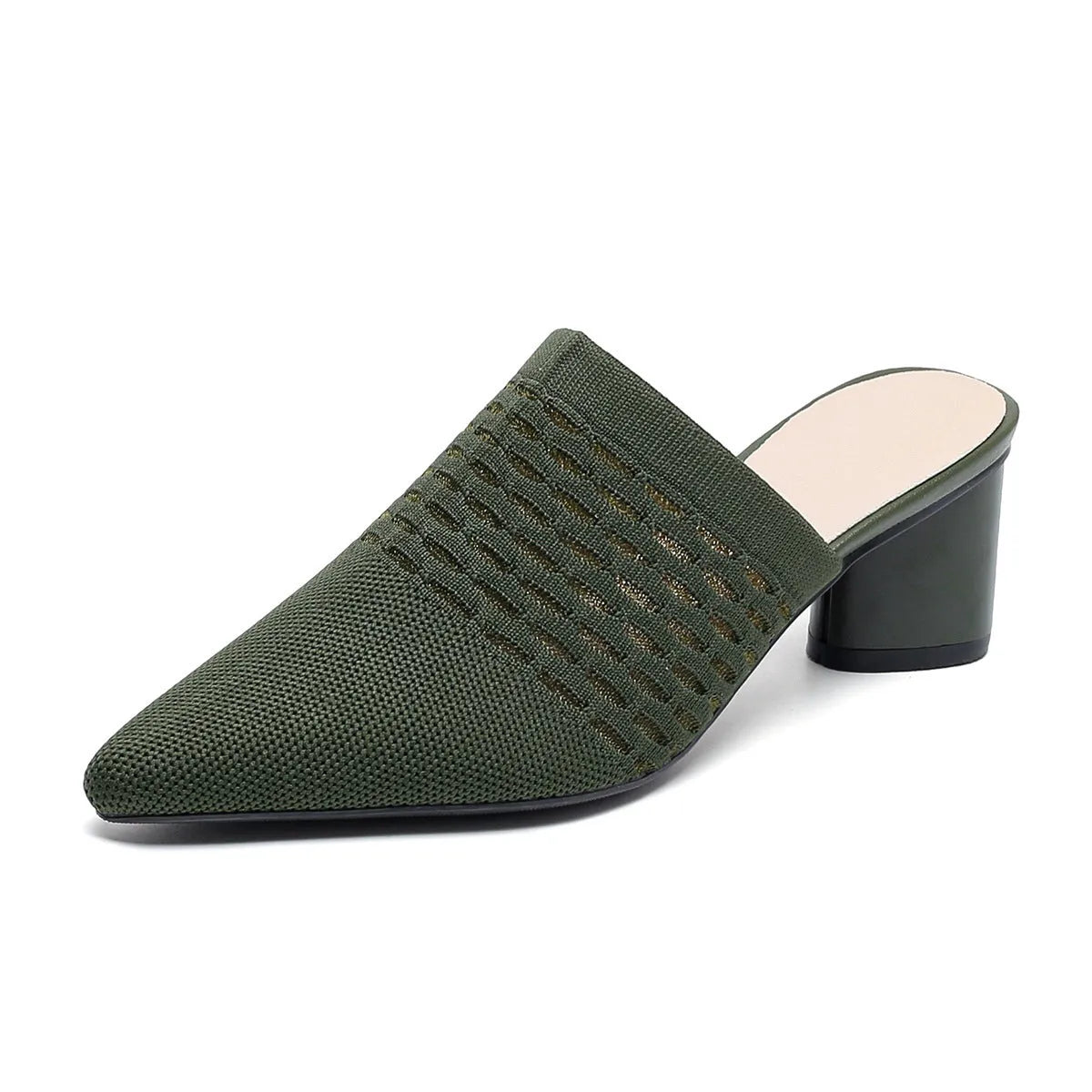 Women's pointed toe sandals with 5cm chunky heel in fabric upper