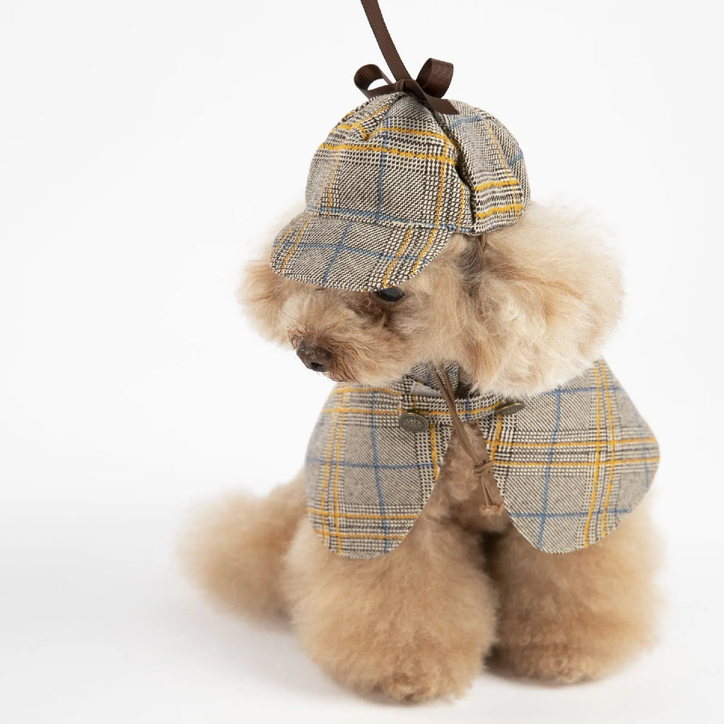 Camel-coloured cotton detective cloak for a pet, showing the adjustable hood and cloak length.