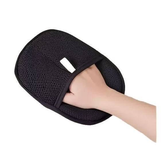 Black pet hair remover glove mitt with silicone bristles for dog cat rabbit grooming measuring 24x16cm