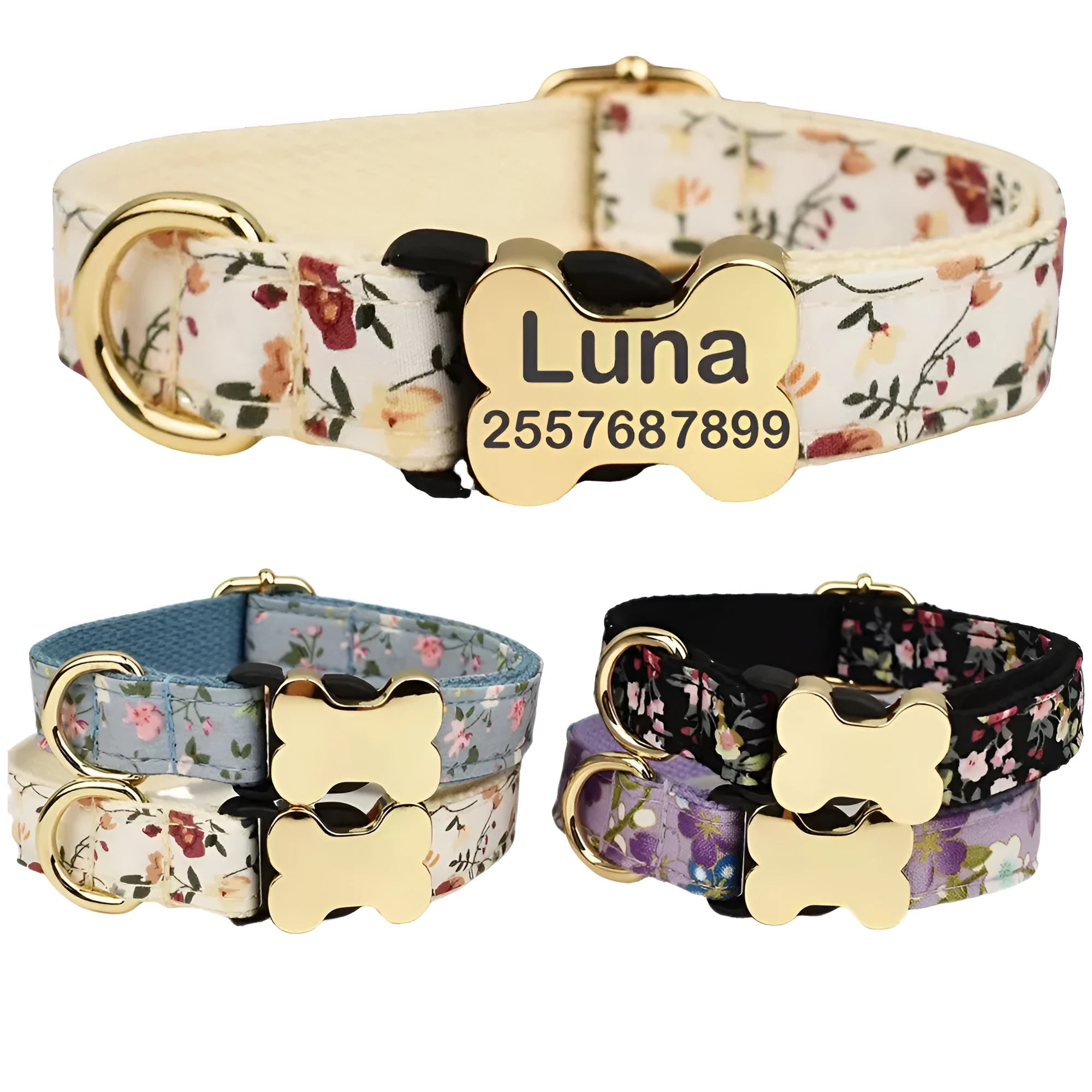 Flat fabric printed grid nylon dog collar with bone buckle in various colours and sizes
