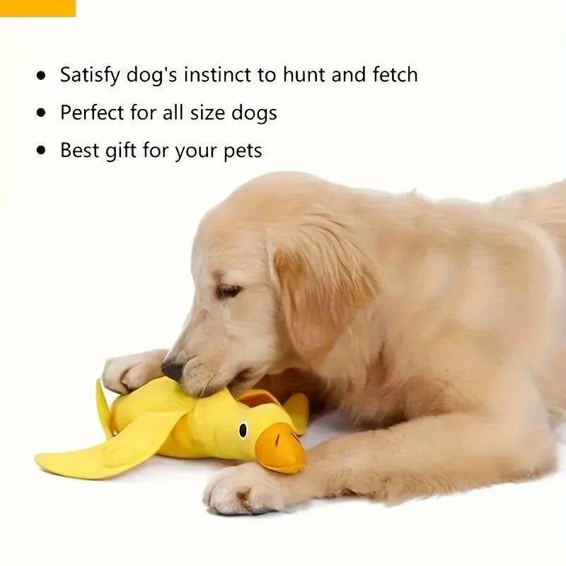 Yellow plush duck dog toy with a treat compartment and built-in sound module for training and enrichment.