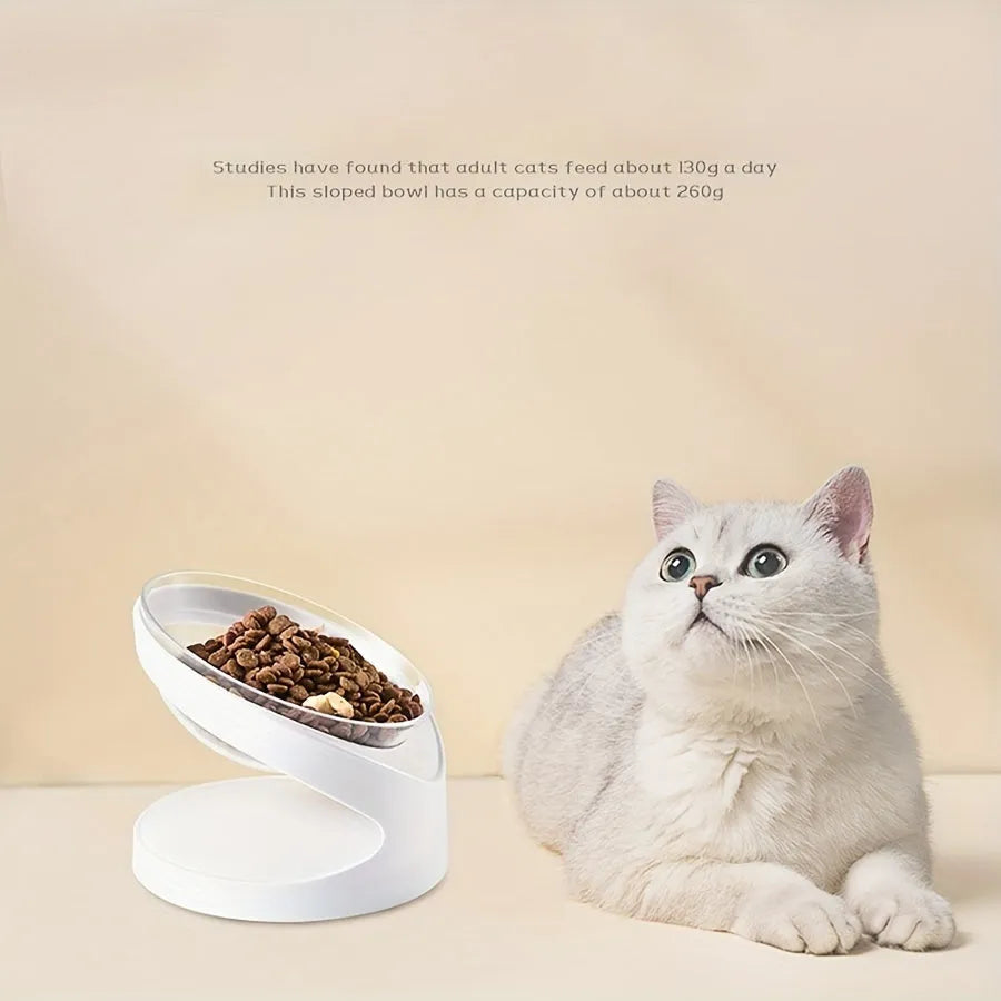 White clear plastic tilted cat food bowl on a flat surface.
