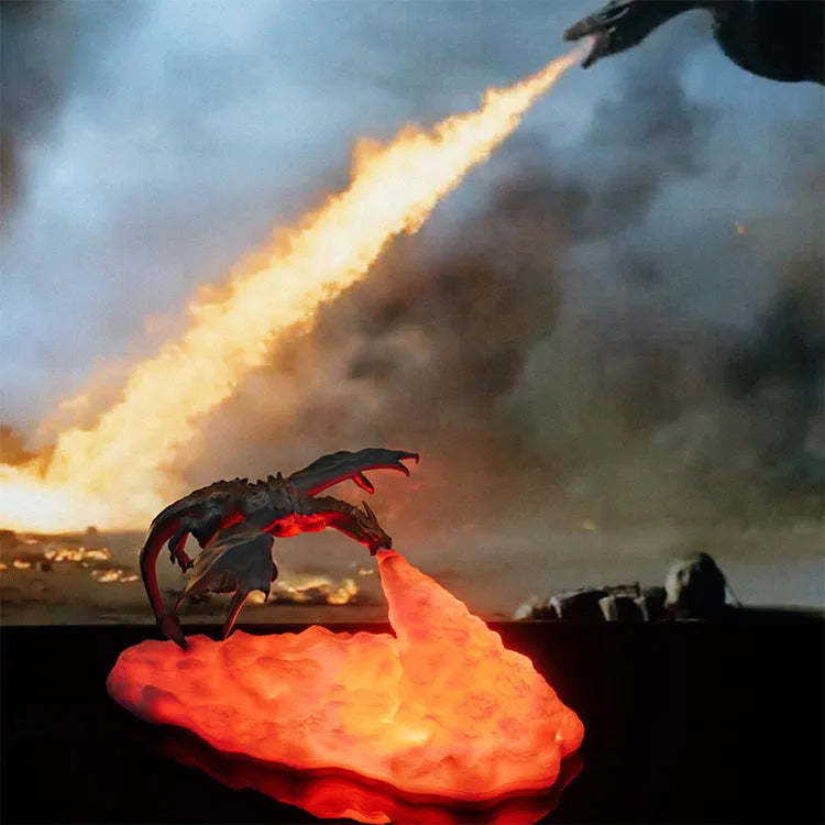 3D printed red dragon lamp lit up with warm glow on a dark surface