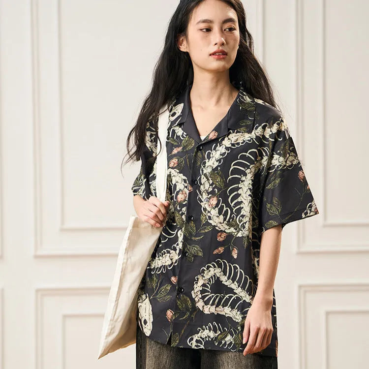 Snake bone pattern printed Cuban collar short sleeve shirt in loose cardigan styling