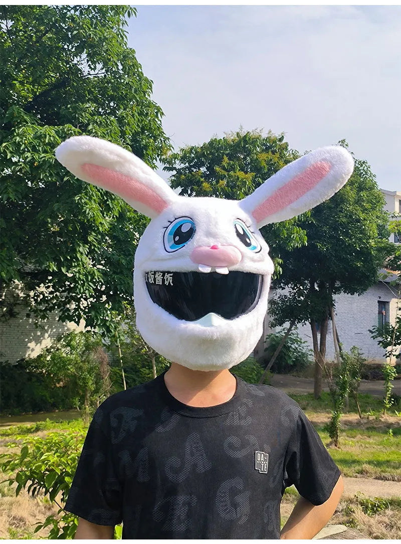 White plush rabbit head decorative cover for an electric motorcycle helmet.