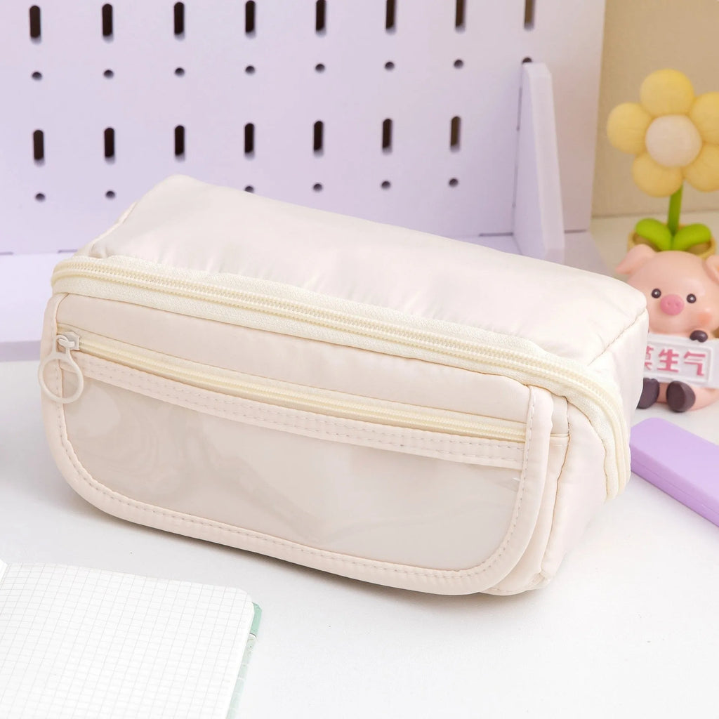 Korean style canvas pencil case with ten-layer flip design open to show multiple compartments