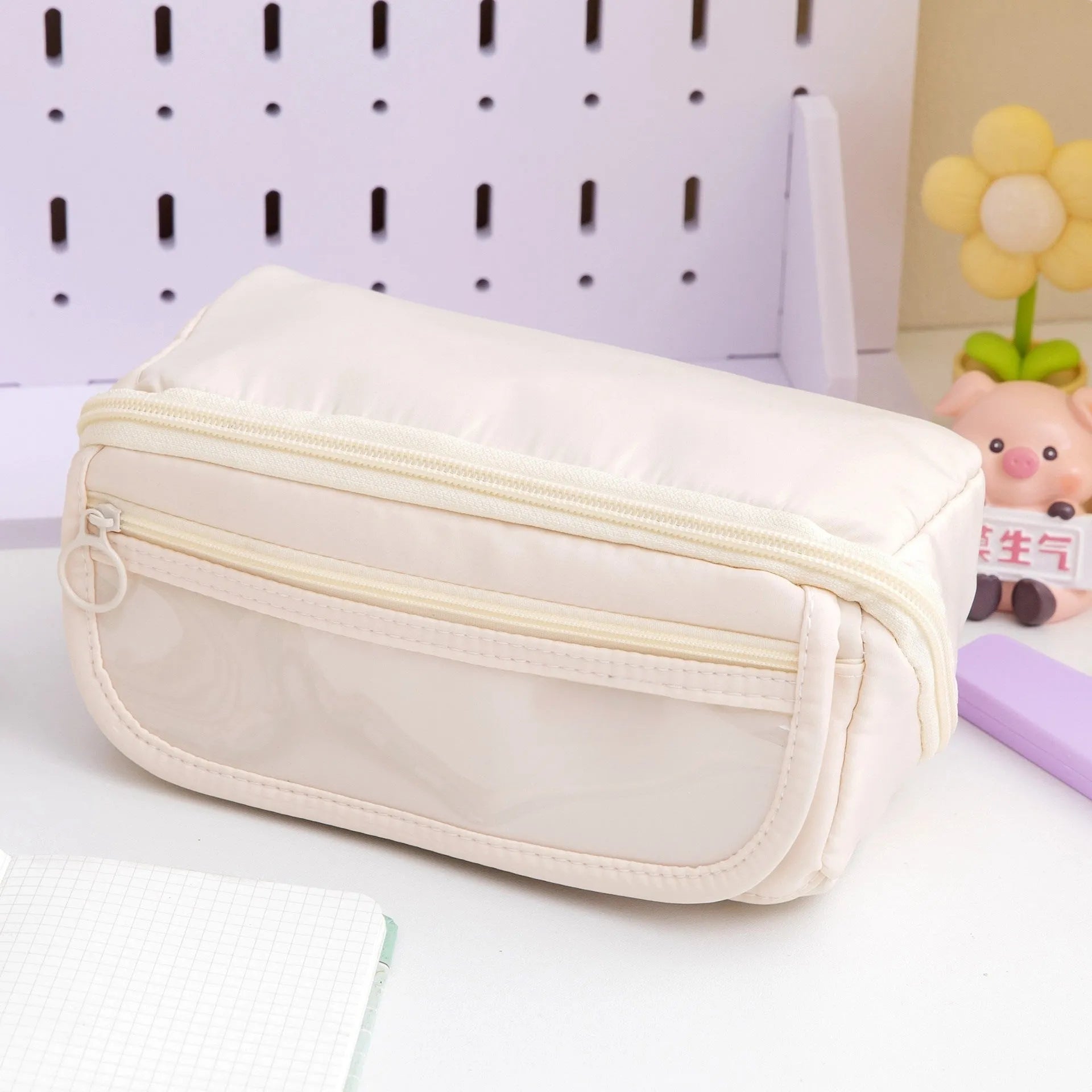 Korean style canvas pencil case with ten-layer flip design open to show multiple compartments