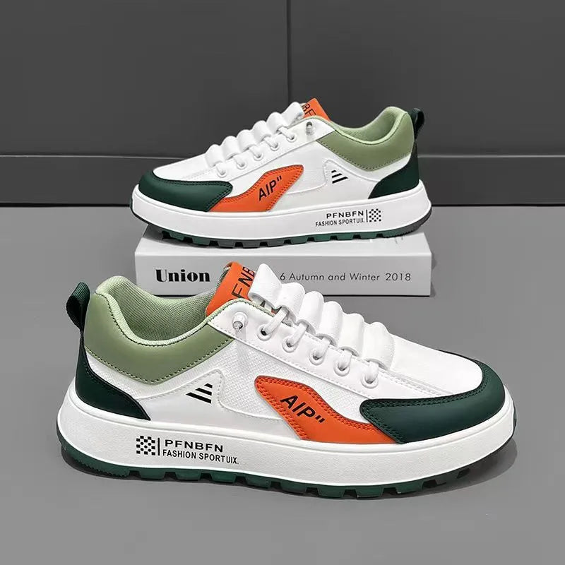 Men's round-toe casual shoes in artificial PU, shown in M15 white orange, white black, and white brown colour options.