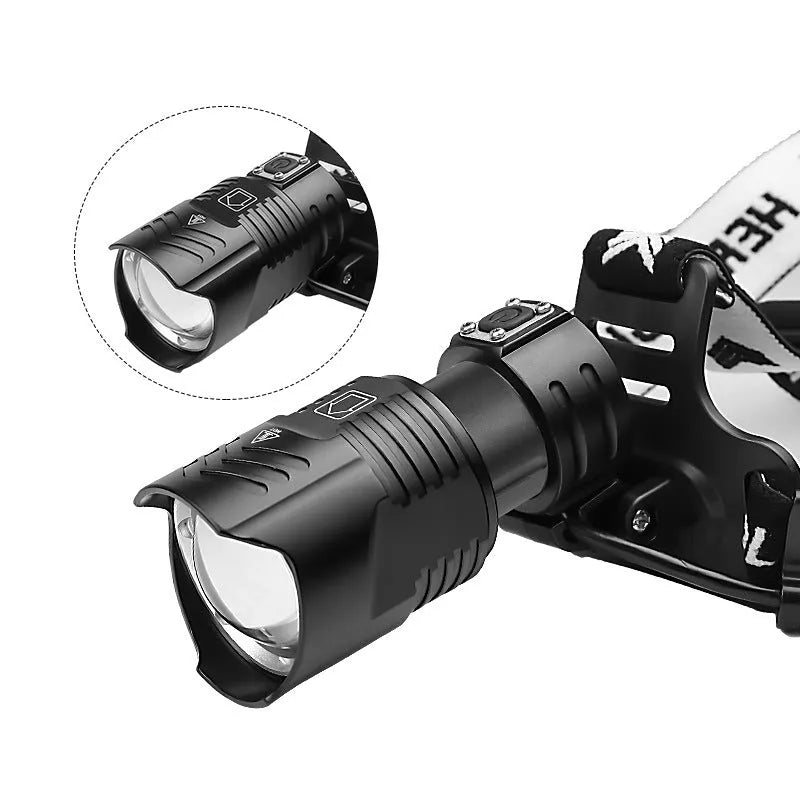 Black aluminium alloy zoom head torch with telescopic front and USB charging port.