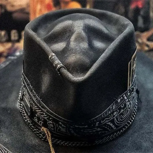 Handmade wool skull hat with conical crown design in Halloween style