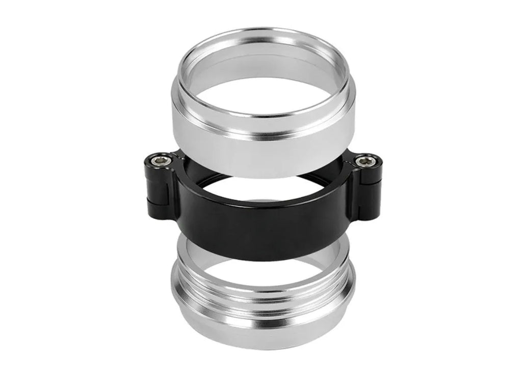 Aluminium turbo exhaust clamp in black colour showing fixed movement design for 2-4 inch exhaust pipes