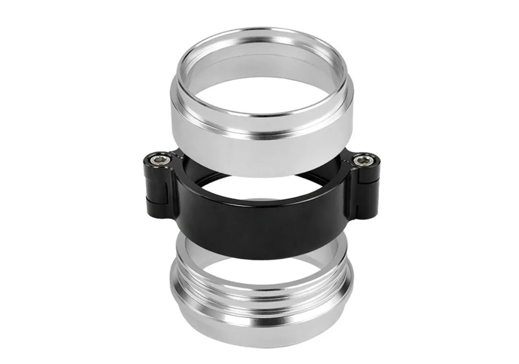 Aluminium turbo exhaust clamp in black colour showing fixed movement design for 2-4 inch exhaust pipes