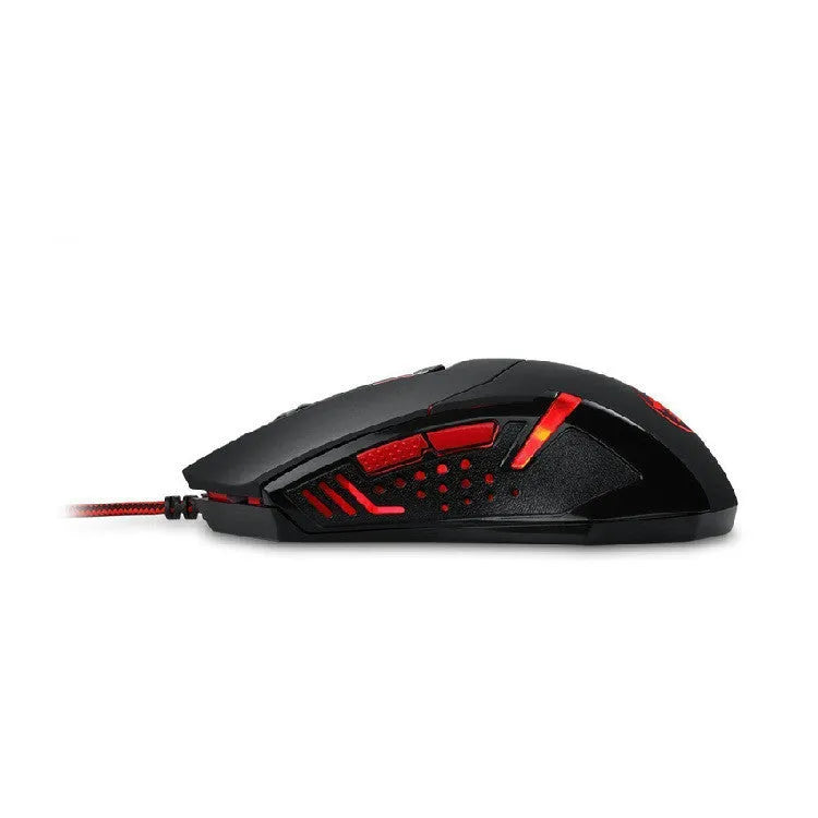 Black and red ergonomic USB wired gaming mouse with six buttons on a desk