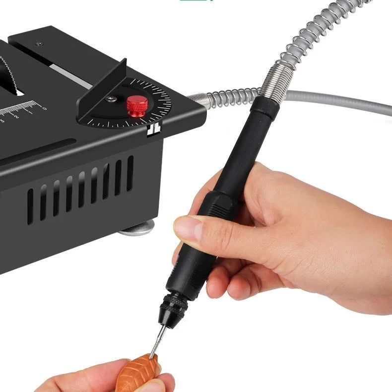 Compact metal desktop micro saw with lithium ion battery and 5-in-1 angle cutting head.