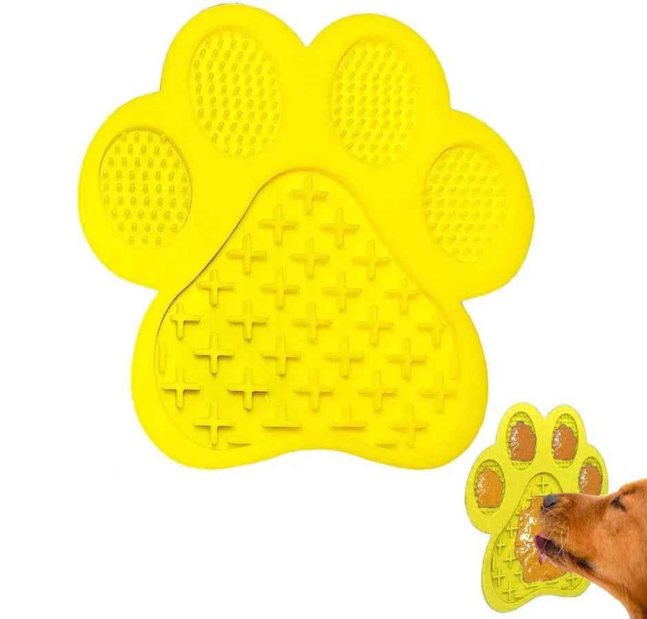Square blue silicone dog licking mat with bone texture and suction cups on the back.