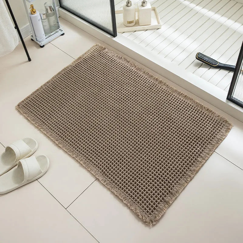 Checkered pattern non-slip absorbent bathroom floor carpet in polyester, shown in multiple colour options.