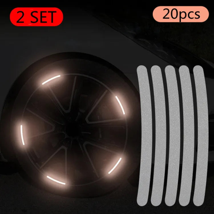Pack of 20 arc-shaped reflective PVC stickers for car wheel hubs in various fluorescent and metallic colours