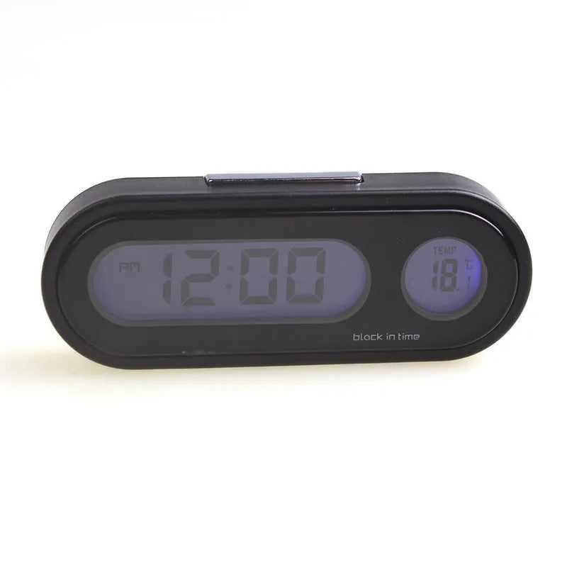 Black digital car clock and thermometer with LED display on adjustable stand