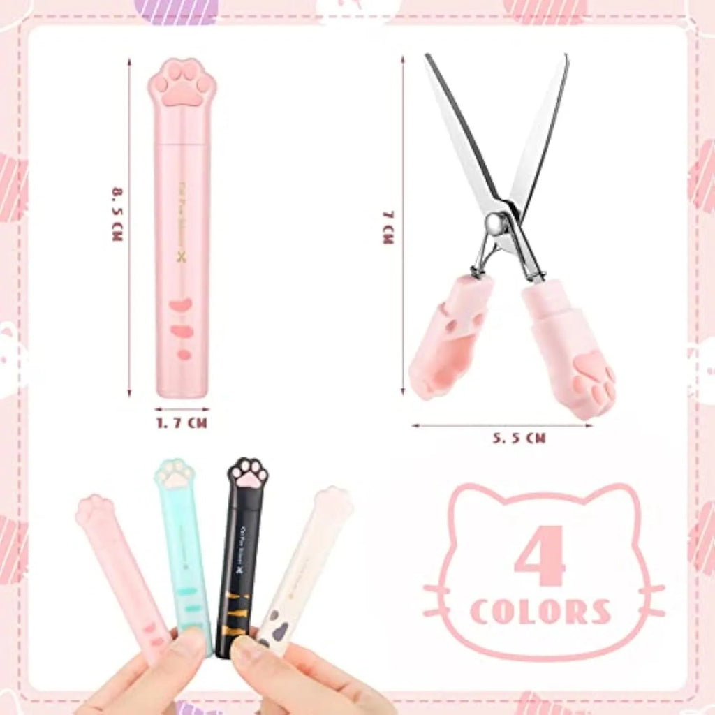 Mini folding scissors with cat paw design in pink, white, black, or blue colours